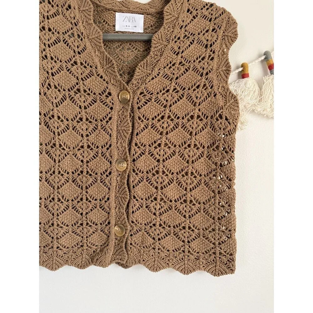 Zara Kids Crochet Open Knit Button Down Sleeveless Cardigan Brown Cottage 9/10 - Picture 4 of 7